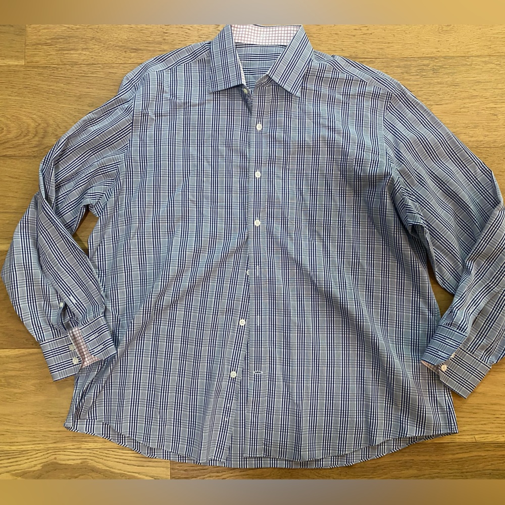 J Hillburn Tessitura Monti Men's Navy Blue Plaid Button-Up Shirt 17.5 EUC